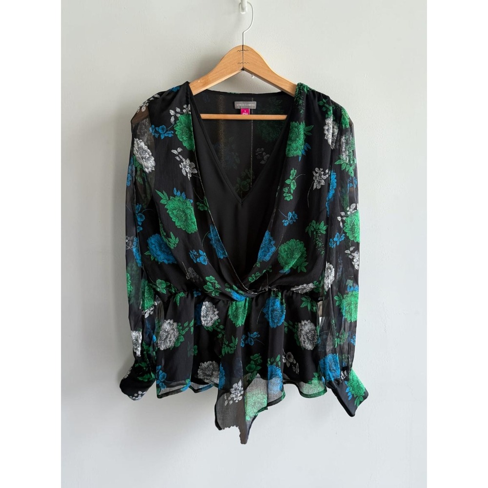 Vince Camuto Floral Peplum Blouse Black Green Blue V-Neck Long Sleeve Small